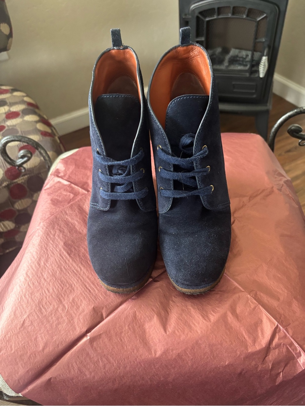 Marc Jacobs Navy Suede Lace-Up Ankle Boots with Tan Lining